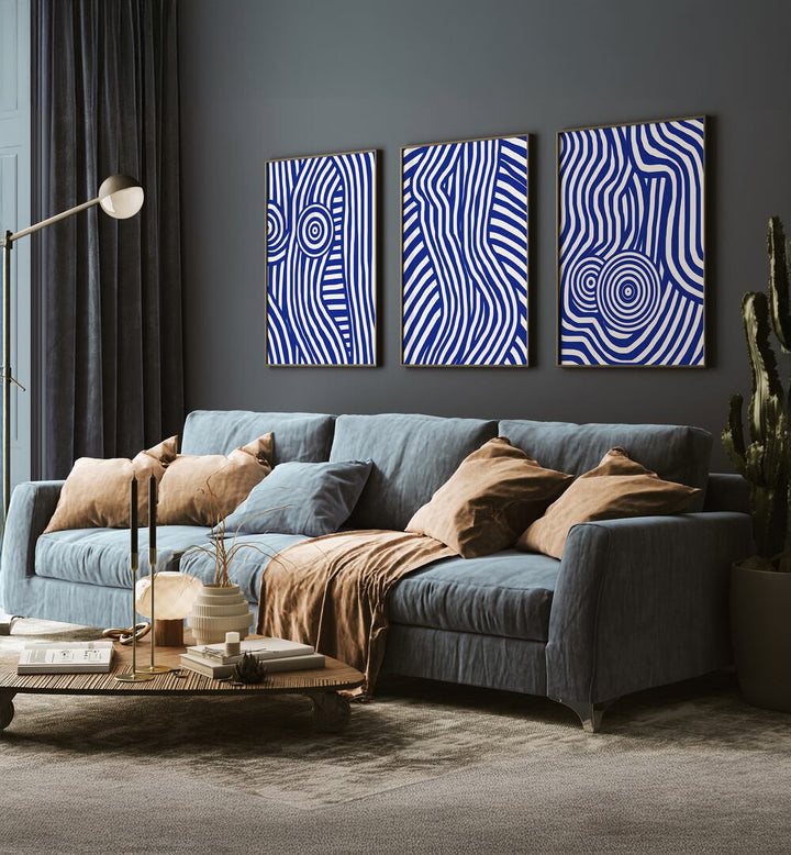 INDIGO STRIPES AND SWIRLS SET , SET OF 3 PAINTINGS