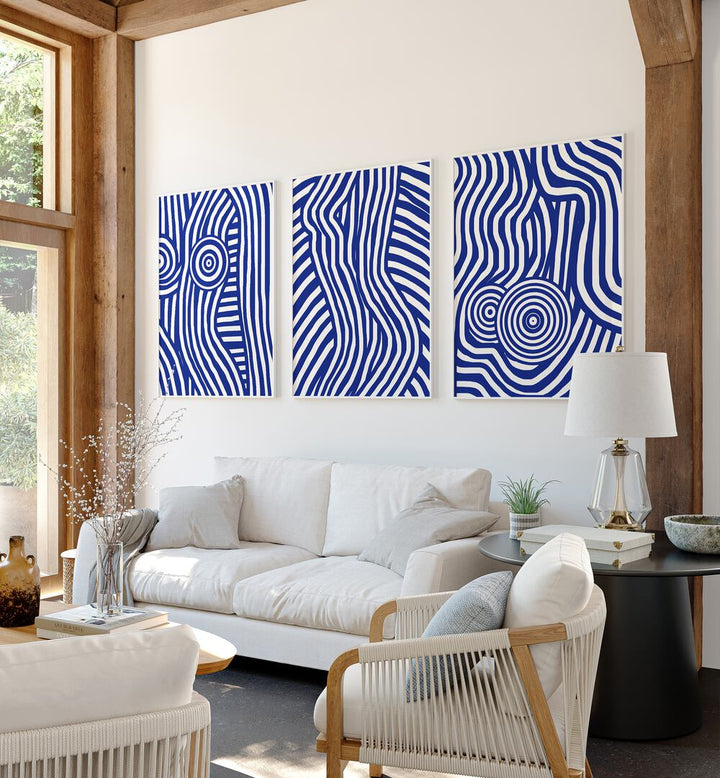 INDIGO STRIPES AND SWIRLS SET , SET OF 3 PAINTINGS