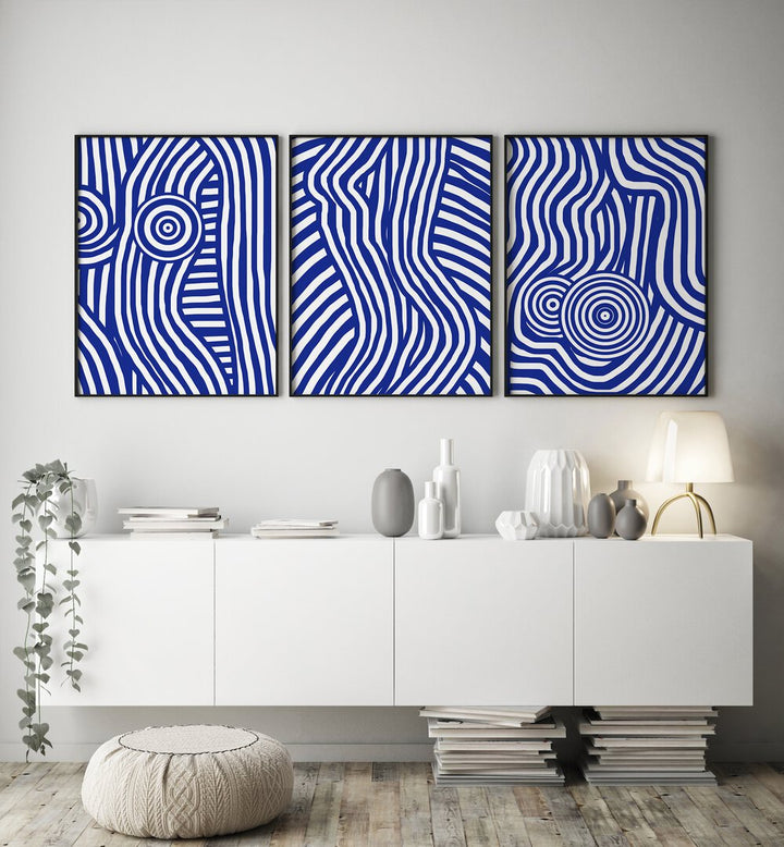 INDIGO STRIPES AND SWIRLS SET , SET OF 3 PAINTINGS