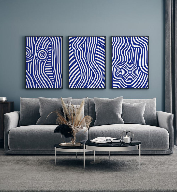 INDIGO STRIPES AND SWIRLS SET , SET OF 3 PAINTINGS