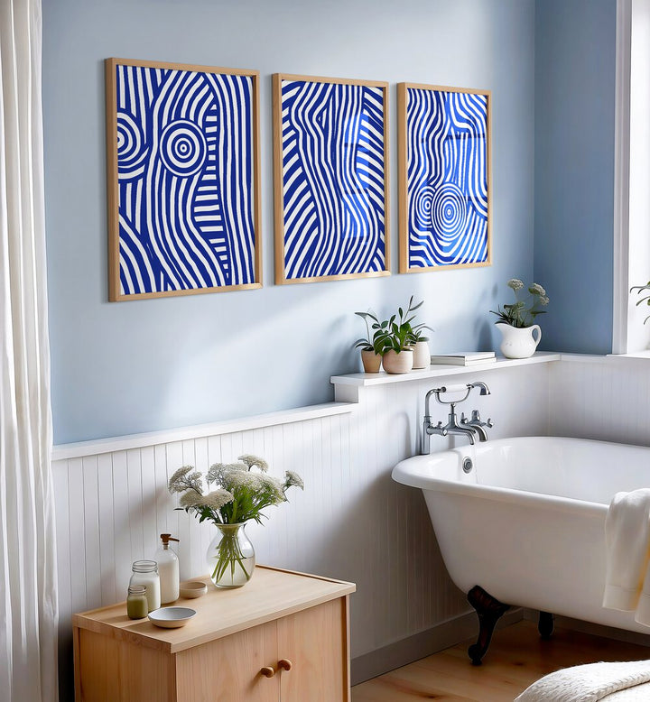 INDIGO STRIPES AND SWIRLS SET , SET OF 3 PAINTINGS