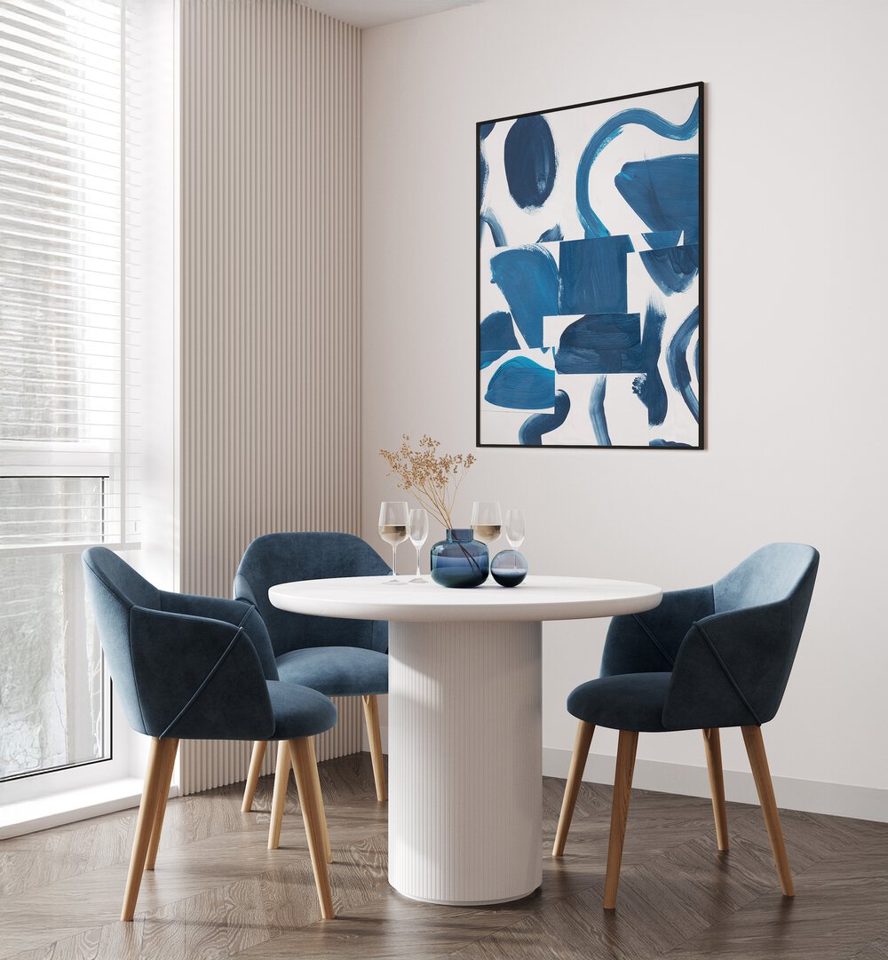 Stylish dining area featuring the INDIGO SUMMER CAMP II, ABSTRACT PAINTINGS, enhancing modern decor with vibrant colors.