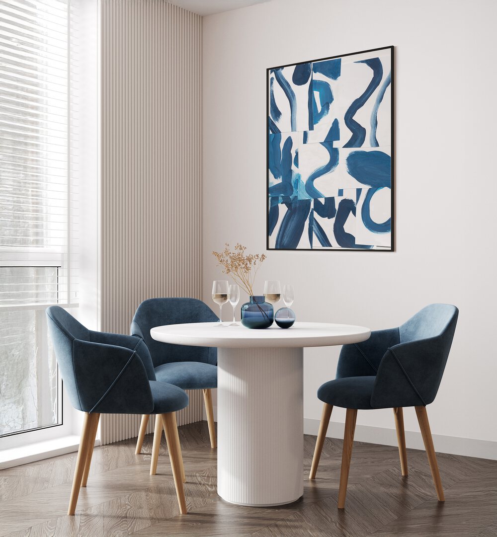 Explore INDIGO SUMMER CAMP, ABSTRACT PAINTINGS enhancing modern decor with vibrant colors and dynamic forms.