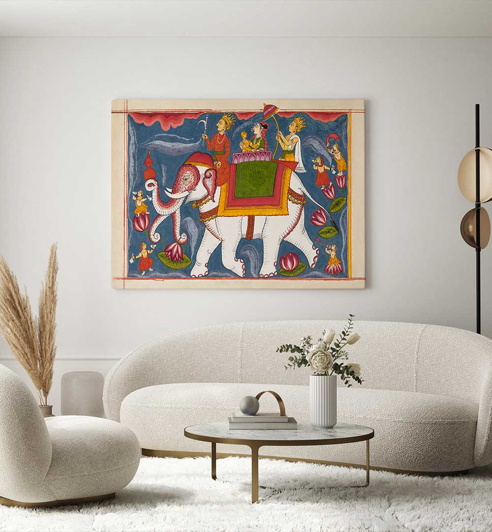 INDRA CONVEYING JINA RISHABHANATHA ON AIRAVATA , INDIAN ART PAINTINGS