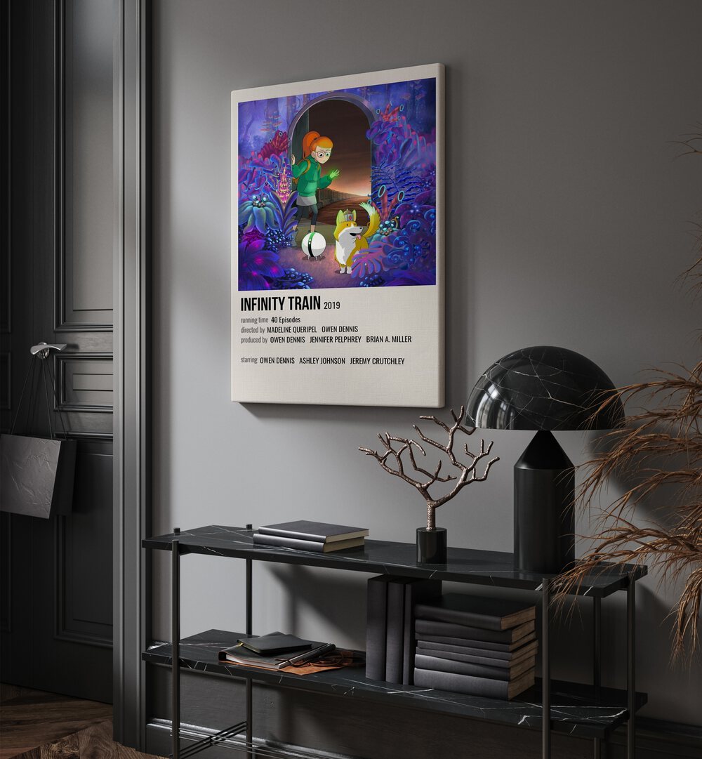 INFINITY TRAIN 2019 MOVIE POSTERS in Gallery Wrap hanging on wall above console table beside door
