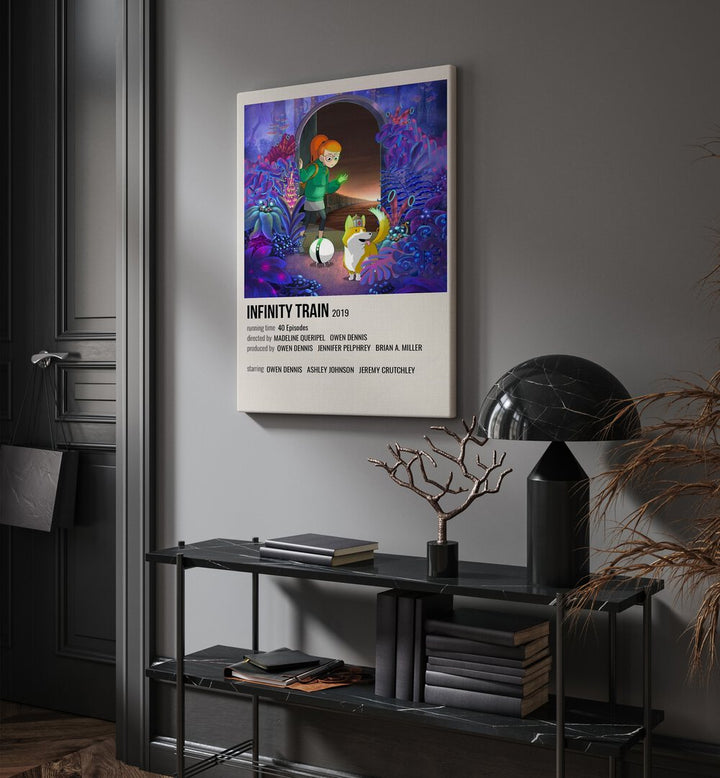 INFINITY TRAIN 2019 MOVIE POSTERS in Gallery Wrap hanging on wall above console table beside door