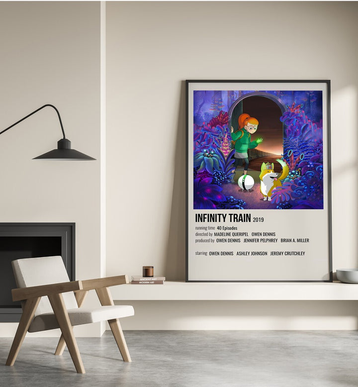 INFINITY TRAIN 2019 MOVIE POSTERS in Black Plain Frame placed on wall beside chair and lamp