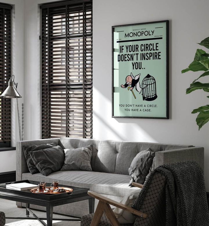 Inspiring Circle Money Art Artwork in plain black frame hanging on wall ablove gray sofa in living room