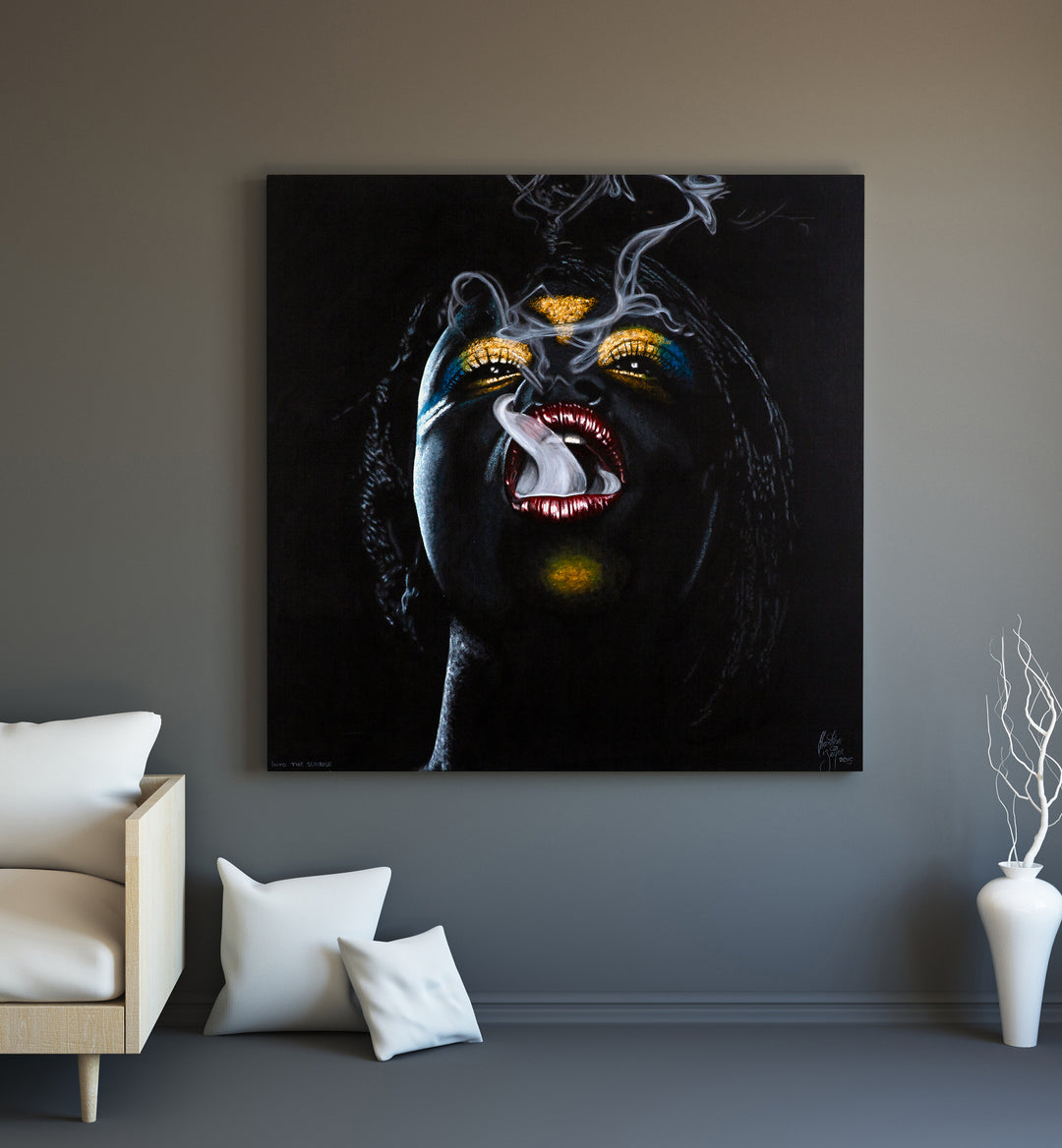 Into The Sunrise By Christian Beijer , Woman Painting Art Artwork Placed on a wall In A Living Room 