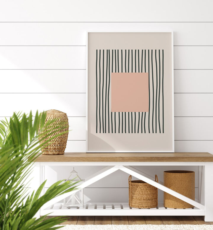 Intricate Lines Bold Pink Square boho wall art painting Artwork near table