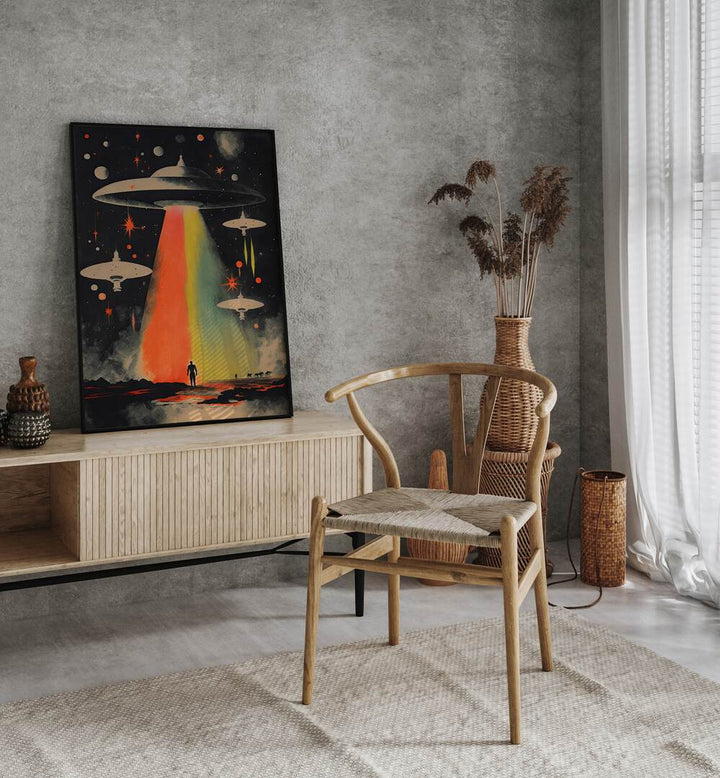 Invasion By Taudalpoi Astronaut & Nasa Paintings, Space Art Prints Artwork in Black Plain Frame placed above a Console Table near a placed on a Grey Colored Wall in the Drawing Room



