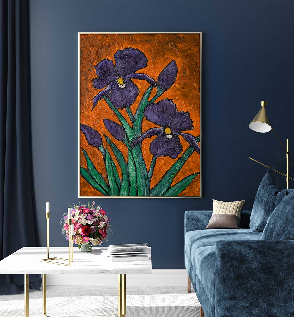 Vibrant IRISES III, FLORAL FLOWER PAINTINGS brighten any room with stunning colors and expressive brushwork.
