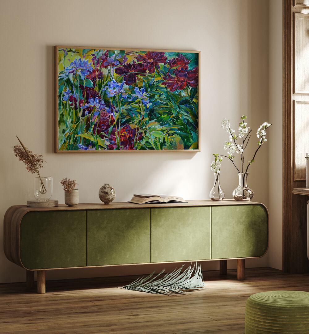 Vibrant IRISES AND PEONIES, FLORAL FLOWER PAINTINGS bring elegance to any decor with their stunning beauty.