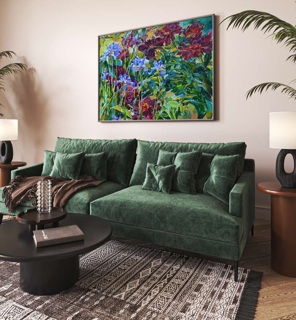 Vibrant IRISES AND PEONIES, FLORAL FLOWER PAINTINGS enhance modern decor with elegance and sophistication.