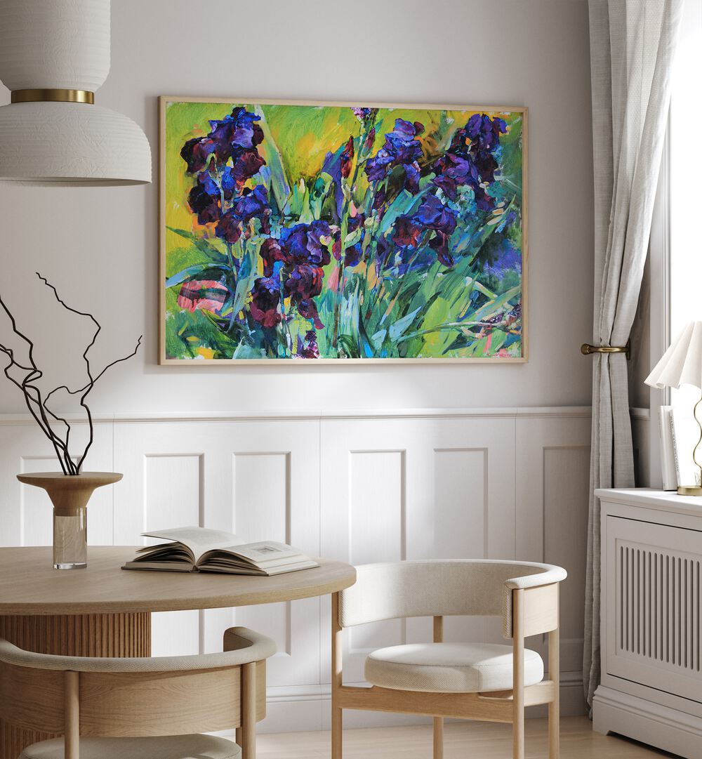 Colorful IRISES II, FLORAL FLOWER PAINTINGS enhance modern decor, adding elegance to any space with vibrant artistry.
