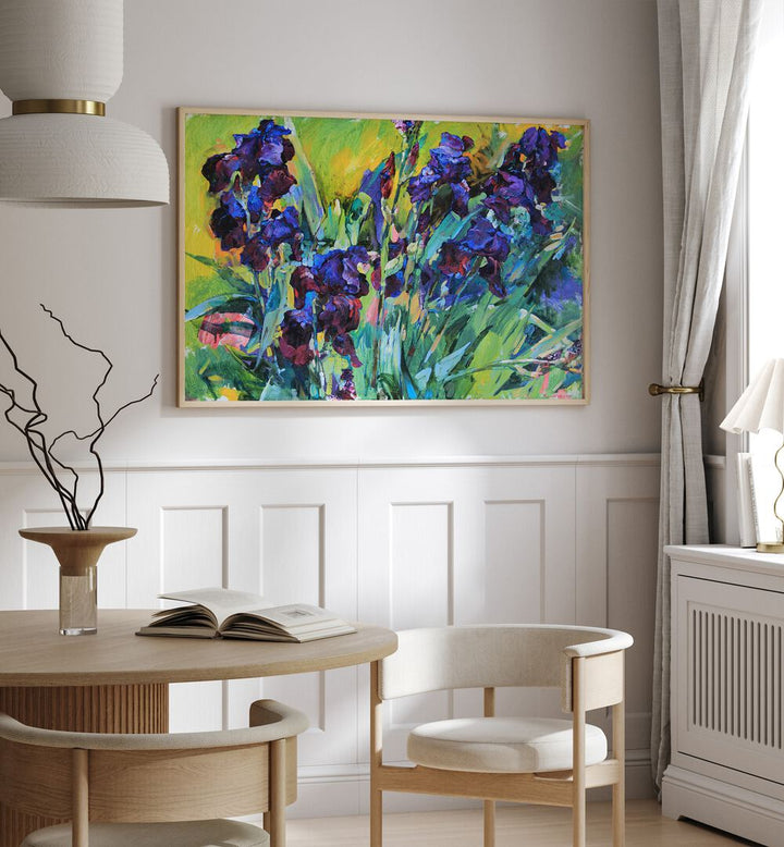 Colorful IRISES II, FLORAL FLOWER PAINTINGS enhance modern decor, adding elegance to any space with vibrant artistry.