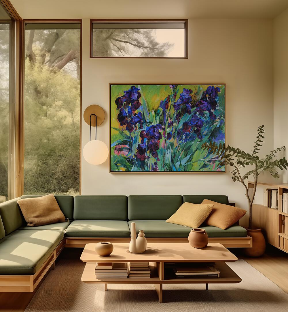 Elegant IRISES II, FLORAL FLOWER PAINTINGS, brightening modern decor with vibrant colors and sophisticated style.