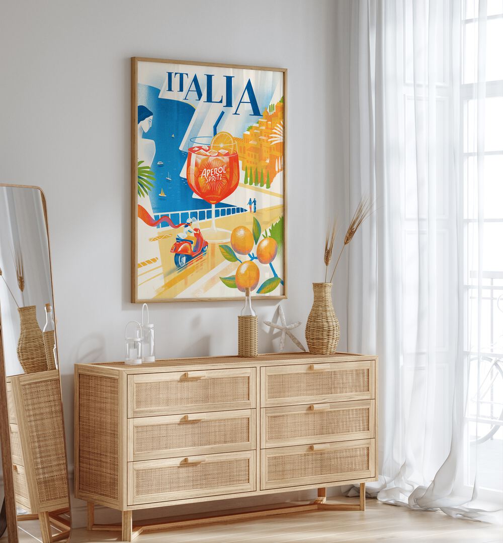 Vibrant ITALIA, BAR art hanging above a stylish dresser, capturing the essence of modern café culture.
