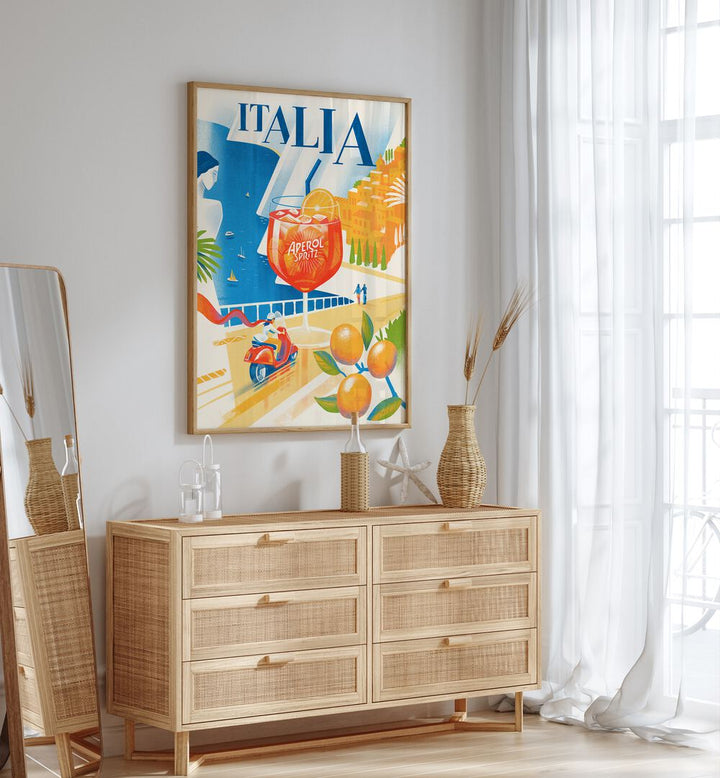 Vibrant ITALIA, BAR art hanging above a stylish dresser, capturing the essence of modern café culture.
