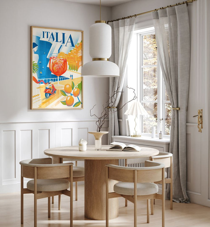Stylish ITALIA, BAR & CAFE ART decorates a modern dining space, enhancing everyday essentials with elegance.