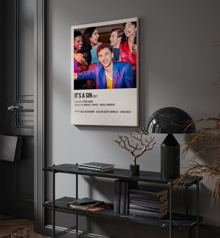 ITS A SIN 2021 MOVIE POSTERS in Gallery Wrap hanging on wall above console table beside door