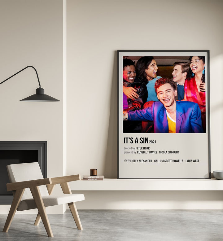 ITS A SIN 2021 MOVIE POSTERS in Black Plain Frame placed on wall beside chair and lamp