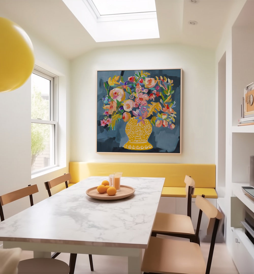 Vibrant IZZIE S BOUQUET, FLORAL FLOWER PAINTINGS brightening a modern kitchen with colorful abstract floral art.