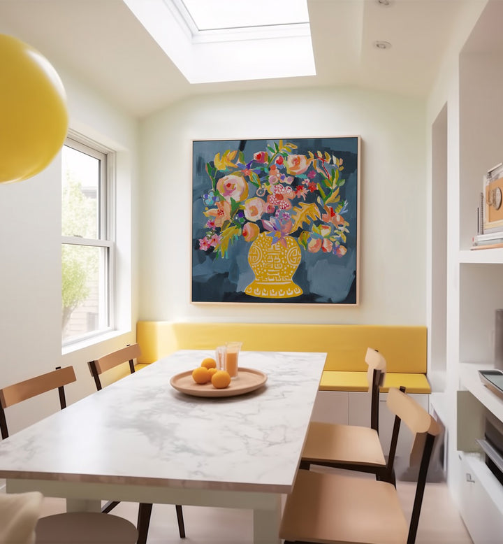 Vibrant IZZIE S BOUQUET, FLORAL FLOWER PAINTINGS brightening a modern kitchen with colorful abstract floral art.