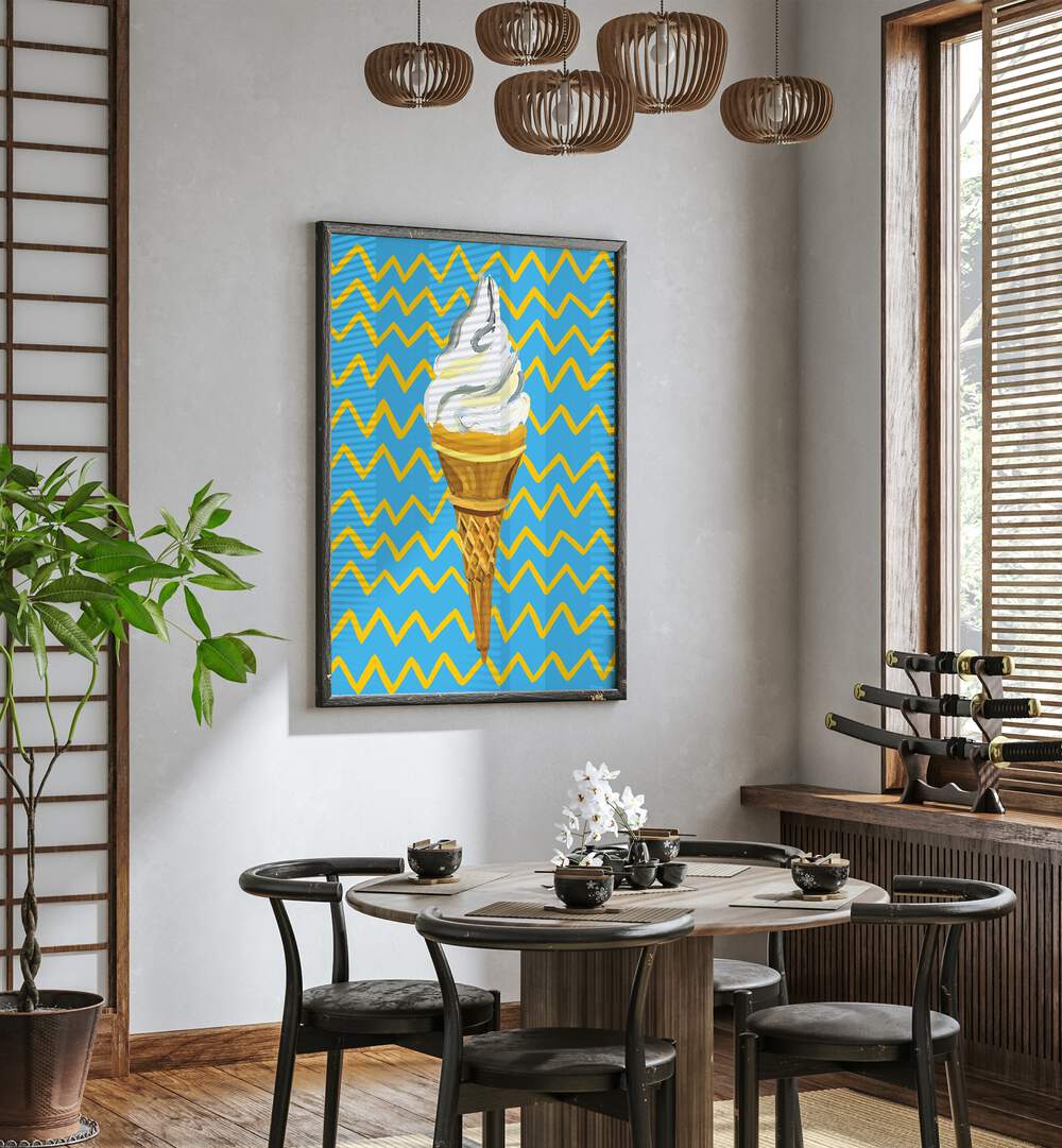 Ice Cream Blue By Alice Straker Cafe Art Prints Cafe Posters in Dark Wood Plain Frame placed on a White Colored Wall near a Coffee Table in the Dining Room