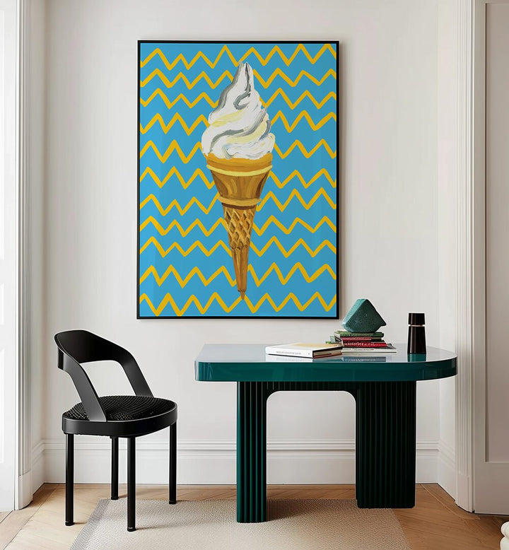 Ice Cream Blue By Alice Straker Cafe Art Prints Cafe Posters in Black Plain Frame placed on a Cream Colored Wall near a Table in a Workspace in the Drawing Room