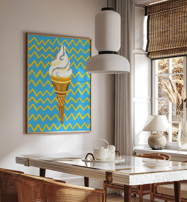 Ice Cream Blue By Alice Straker Cafe Art Prints Cafe Posters in Oak Wood Plain Frame placed on a White Colored Wall near a Dining Table in the Dining Room