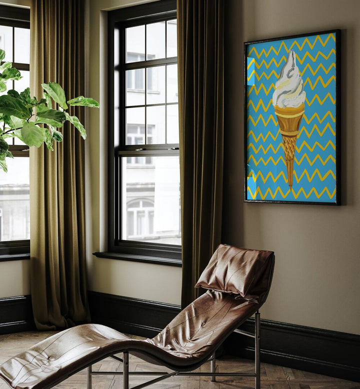 Ice Cream Blue By Alice Straker Cafe Art Prints Cafe Posters in Black Plain Frame placed on a Beige Colored Wall in the Drawing Room