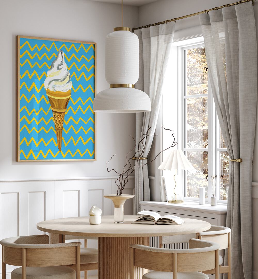 Ice Cream Blue By Alice Straker Cafe Art Prints Cafe Posters in Oak Wood Plain Frame placed on a White Colored Wall near a Coffee Table in the Dining Room