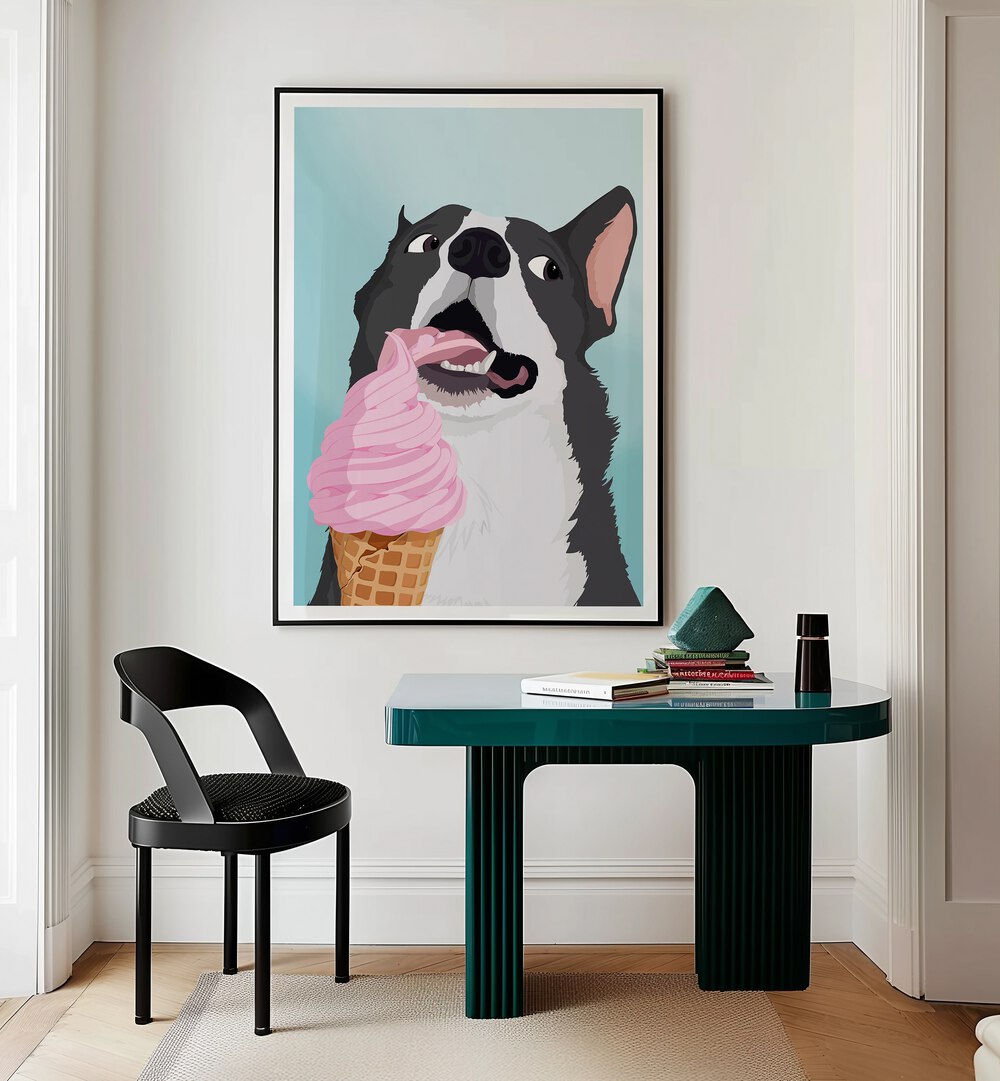 Ice Cream Stealer Wildlife Paintings Wildlife Posters in Black Plain Frame placed on a Cream Colored Wall near a Workspace in the Drawing Room