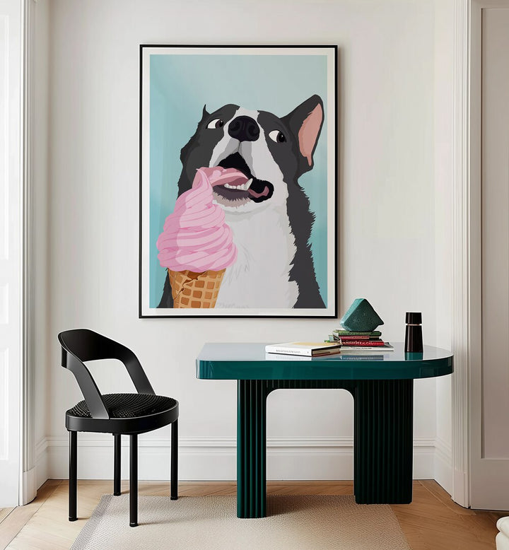 Ice Cream Stealer Wildlife Paintings Wildlife Posters in Black Plain Frame placed on a Cream Colored Wall near a Workspace in the Drawing Room