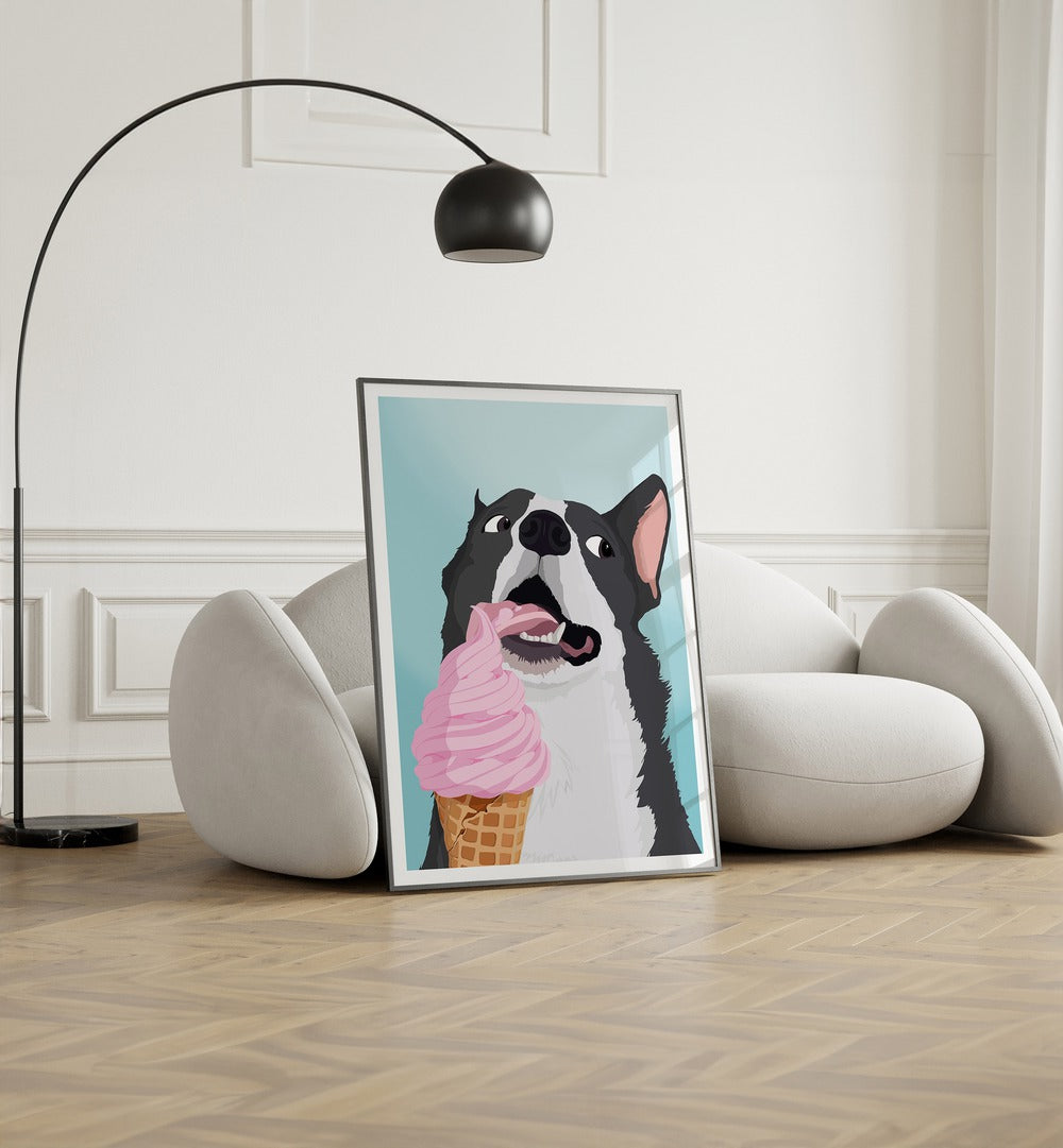 Ice Cream Stealer Wildlife Paintings Wildlife Posters in Black Plain Frame placed on the floor near a White Sofa in the Living Room