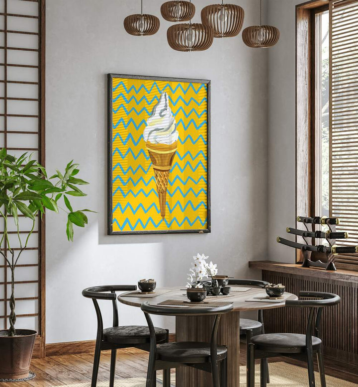 Ice Cream Yellow Zigzag By Alice Straker Cafe Art Prints Cafe Posters in Dark Wood Plain Frame  placed on a White Colored Wall near a Coffee Table in the Dining Room