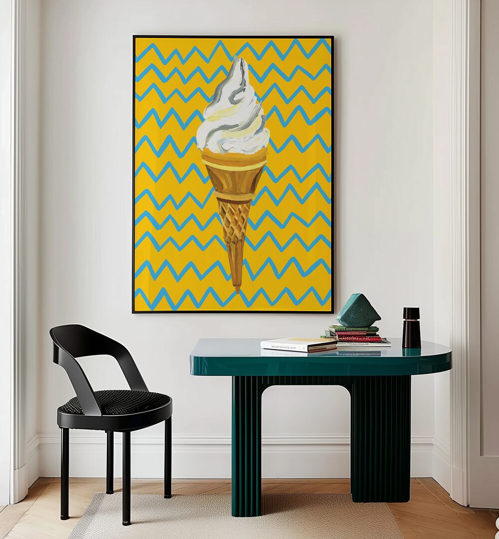 Ice Cream Yellow Zigzag By Alice Straker Cafe Art Prints Cafe Posters in Black Plain Frame placed on a Cream Colored Wall near a Table in a Workspace in the Drawing Room