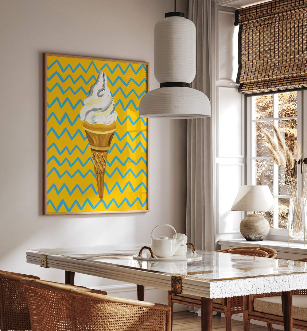 Ice Cream Yellow Zigzag By Alice Straker Cafe Art Prints Cafe Posters in Oak Wood Plain Frame placed on a White Colored Wall near a Dining Table in the Dining Room