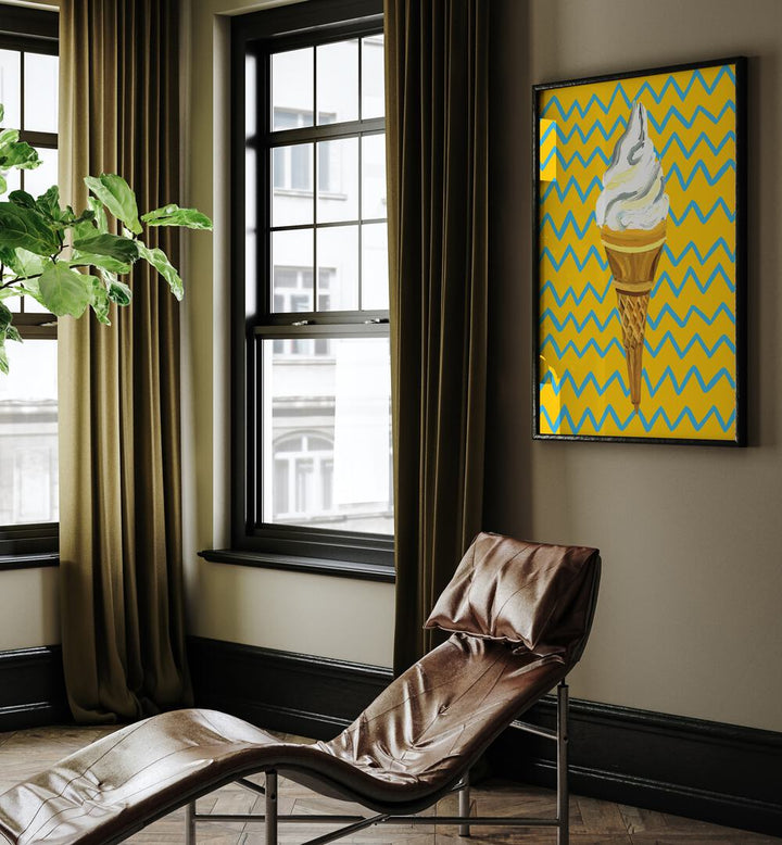 Ice Cream Yellow Zigzag By Alice Straker Cafe Art Prints Cafe Posters in Black Plain Frame placed on a Beige Colored Wall in the Drawing Room