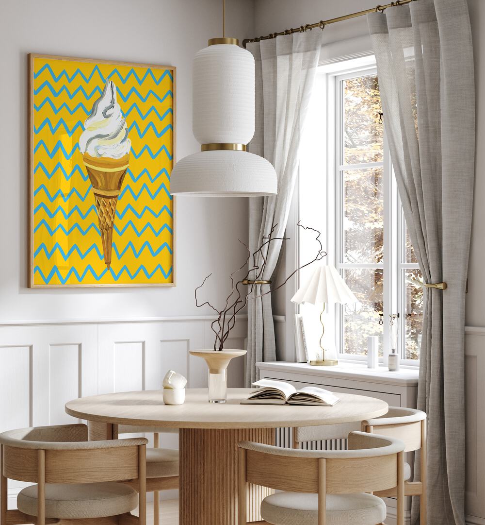 Ice Cream Yellow Zigzag By Alice Straker Cafe Art Prints Cafe Posters in Oak Wood Plain Frame placed on a White Colored Wall near a Coffee Table in the Dining Room