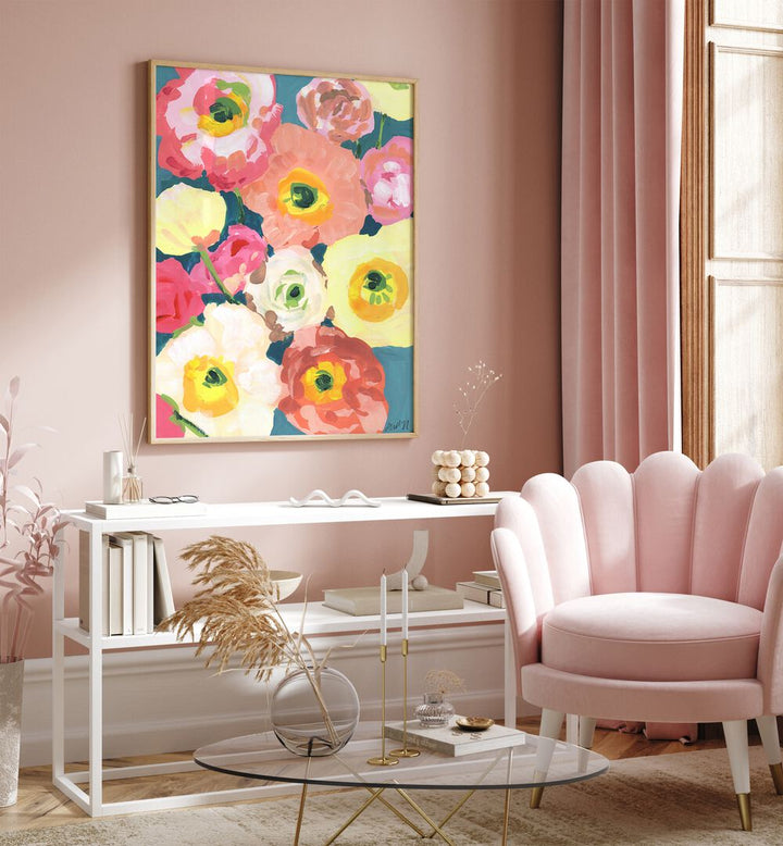 Icelandic Poppies By Ania Zwara Botanical Art Prints Floral Paintings in Oak Wood Plain Frame placed on a Pink Colored Wall above a Console Table in the Drawing Room