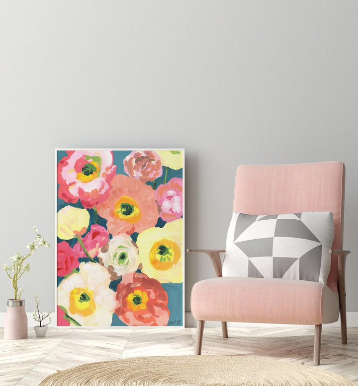 Icelandic Poppies By Ania Zwara Botanical Art Prints Floral Paintings in White Plain Frame placed on the floor near a Grey Colored Wall in the Drawing Room