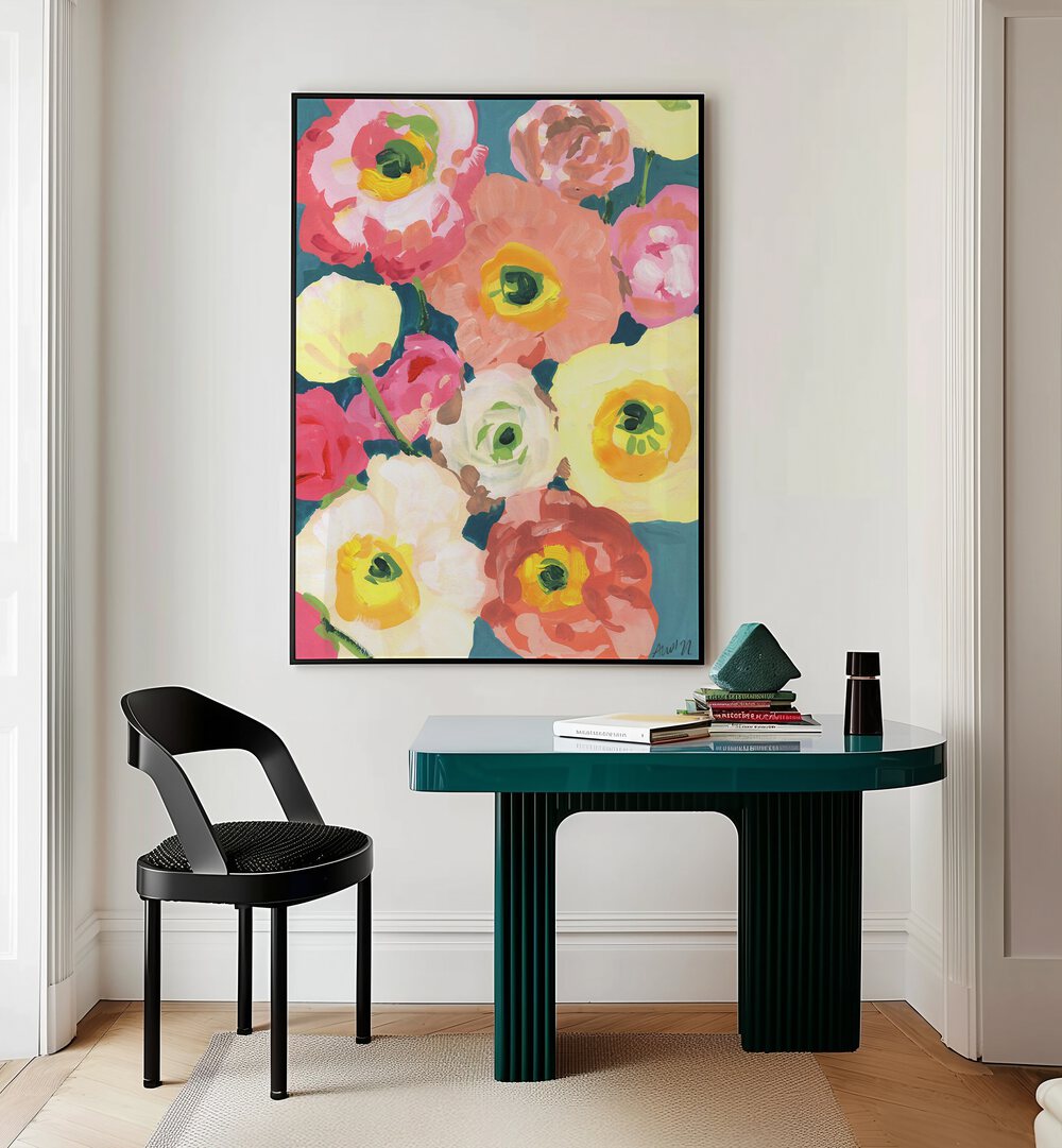 Icelandic Poppies By Ania Zwara Botanical Art Prints Floral Paintings in Black Plain Frame placed on a Cream Colored Wall near a Table in a Workspace in the Drawing Room