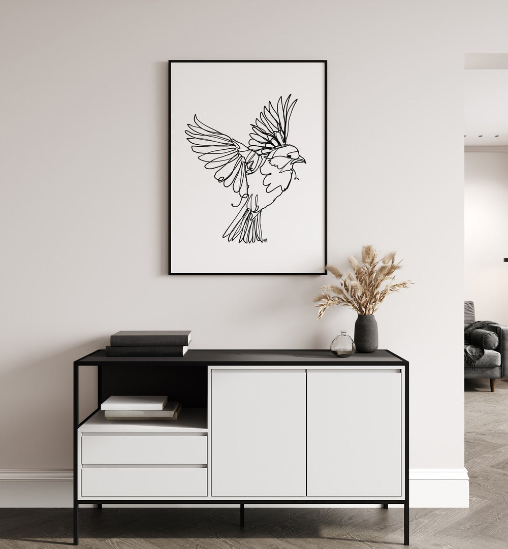 If You're a Bird by Hanna Lee Tidd Line Art Paintings Line Art Prints in Black Plain Frame placed on a wall behind a table