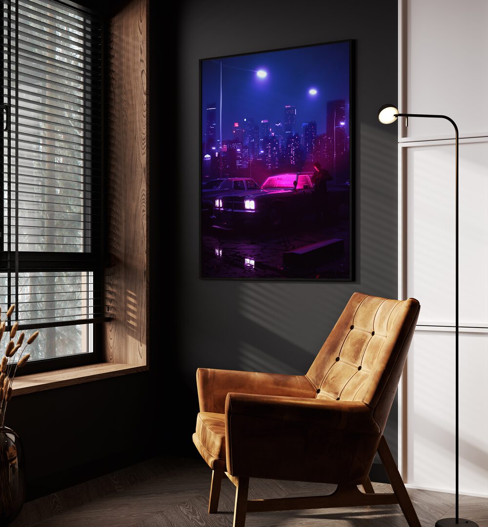 Illicit Activity By Ritvik Takkar Surreal Art Prints in Black Plain Frame placed on a Dark Grey Colored Wall in the Drawing Room