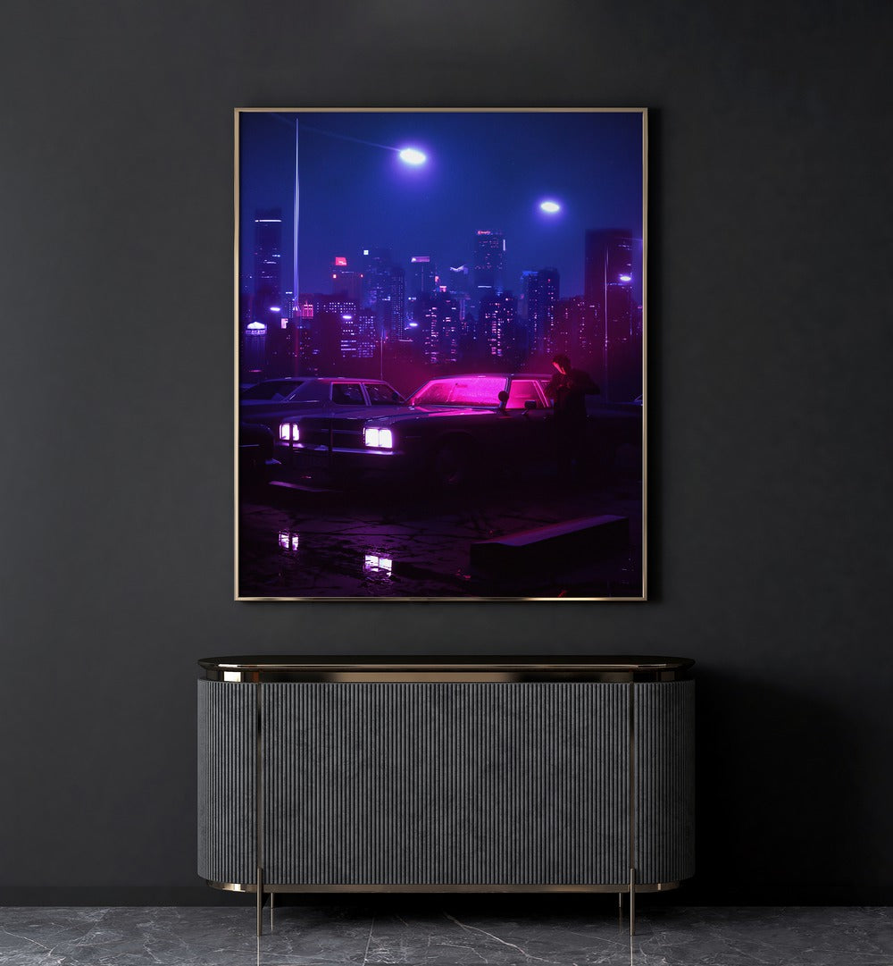 Illicit Activity By Ritvik Takkar Surreal Art Prints in Gold Plain Frame placed on a Dark Grey Colored Wall above a Console Table in the Drawing Room