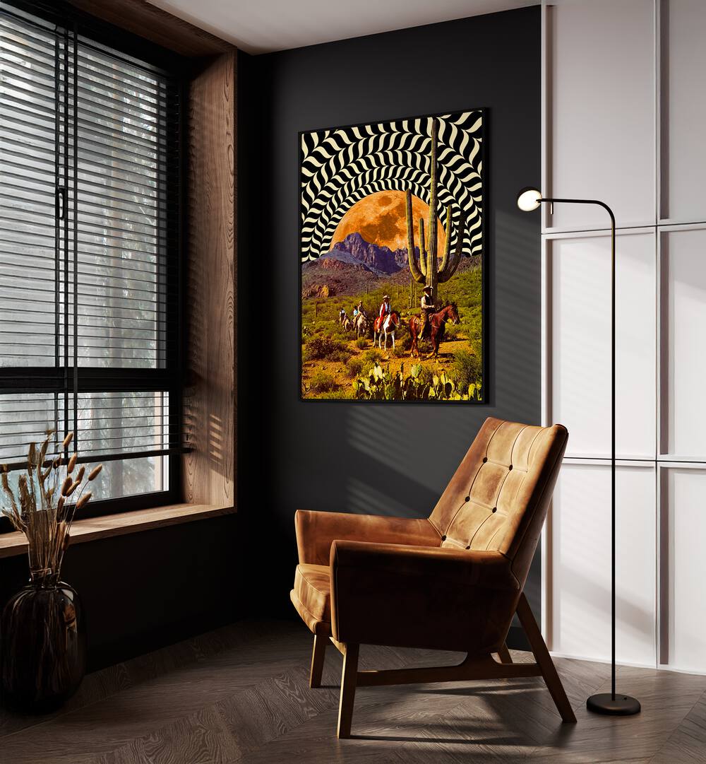 Illusionary Cowboys Surreal Paintings Surreal Art Prints in Black Plain Frame placed on a Dark Grey Colored Wall near a Brown Sofa Chair in the Drawing Room