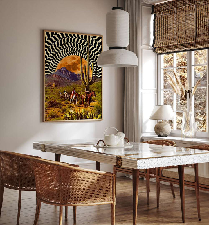 Illusionary Cowboys Surreal Paintings Surreal Art Prints in Oak Wood Plain Frame placed on a Cream Colored Wall near a Dining Table in the Dining Room