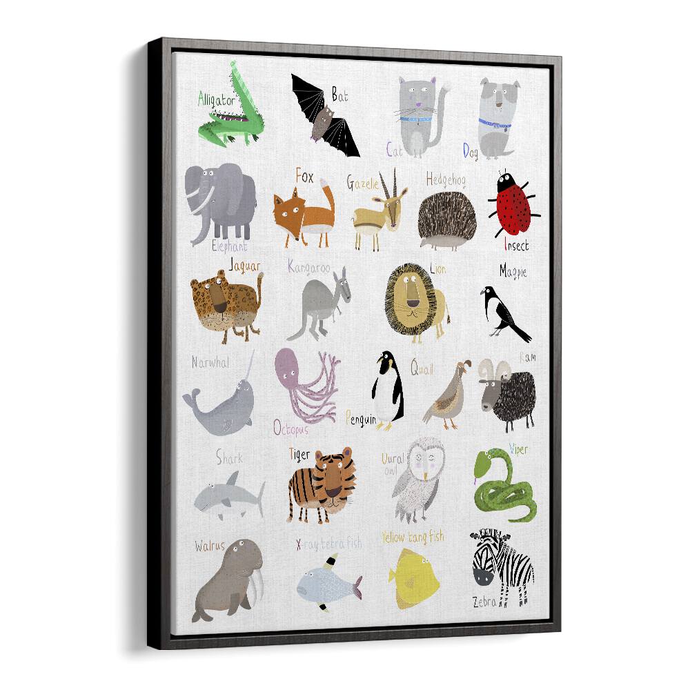 Illustrated Alphabet Animal Letters On White Background By Carla Daly Kids Painting in Black Floater Frame